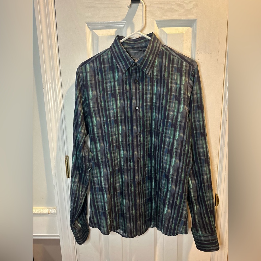 Vince Men’s Button Up Green Blue‎ Black Striped Abstract Watercolor Med